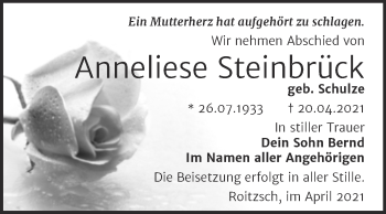 Traueranzeige von Anneliese Steinbrück von Trauerkombi Bitterfeld
