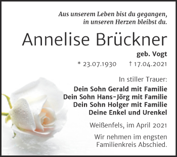 Traueranzeige von Annelise Brückner von Mitteldeutsche Zeitung Weißenfels