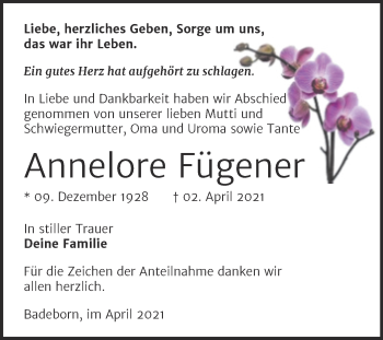 Traueranzeige von Annelore Fügener von Mitteldeutsche Zeitung Quedlingburg