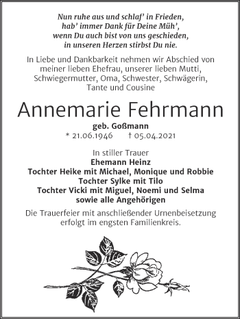 Traueranzeige von Annemarie Fehrmann von Mitteldeutsche Zeitung Bitterfeld