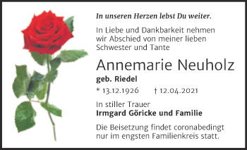 Traueranzeige von Annemarie Neuholz von Mitteldeutsche Zeitung Halle/Saalkreis