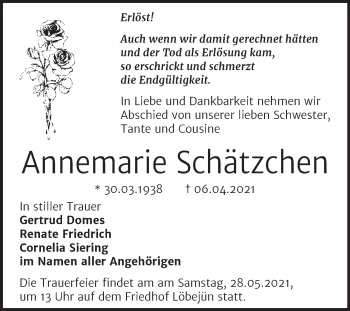 Traueranzeige von Annemarie Schätzchen von Mitteldeutsche Zeitung Halle/Saalkreis