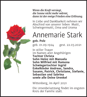 Traueranzeige von Annemarie Stark von Mitteldeutsche Zeitung Wittenberg