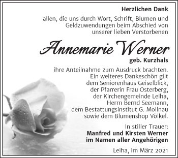Traueranzeige von Annemarie Werner von Mitteldeutsche Zeitung Merseburg/Querfurt