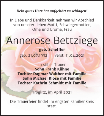 Traueranzeige von Annerose Bettziege von Mitteldeutsche Zeitung Zeitz