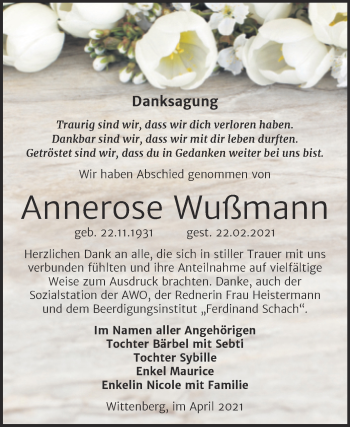 Traueranzeige von Annerose Wußmann von Mitteldeutsche Zeitung Wittenberg