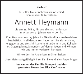 Traueranzeige von Annett Heymann von Super Sonntag Aschersleben