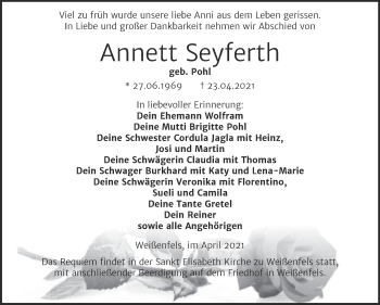Traueranzeige von Annett Seyferth von Mitteldeutsche Zeitung Weißenfels