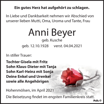 Traueranzeige von Anni Beyer von Mitteldeutsche Zeitung Weißenfels