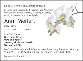 Traueranzeige von Anni Meifert von Mitteldeutsche Zeitung Quedlingburg