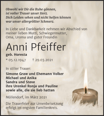 Traueranzeige von Anni Pfeiffer von Mitteldeutsche Zeitung Mansfelder Land