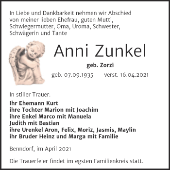 Traueranzeige von Anni Zunkel von Mitteldeutsche Zeitung Mansfelder Land