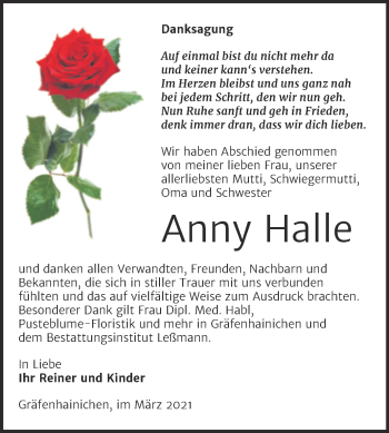 Traueranzeige von Anny Halle von Mitteldeutsche Zeitung Wittenberg