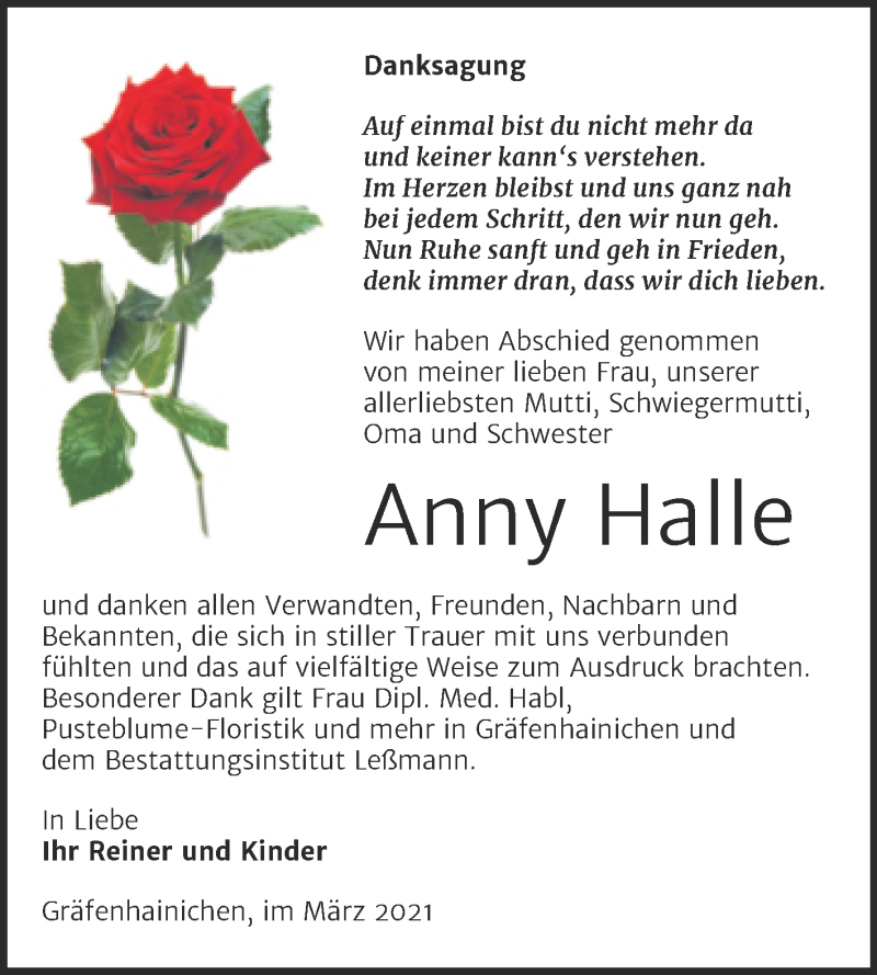  Traueranzeige für Anny Halle vom 03.04.2021 aus Mitteldeutsche Zeitung Wittenberg