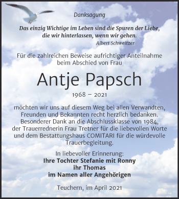 Traueranzeige von Antje Papsch von Mitteldeutsche Zeitung Weißenfels