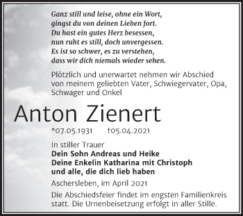 Traueranzeige von Anton Zienert von Mitteldeutsche Zeitung Aschersleben
