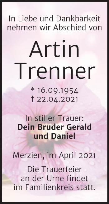 Traueranzeige von Artin Trenner von Trauerkombi Köthen