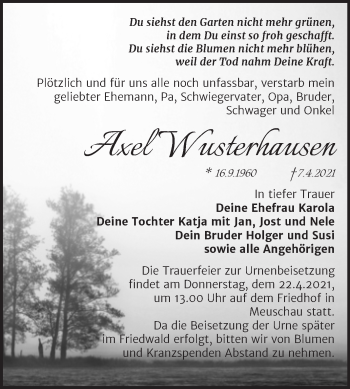 Traueranzeige von Axel Wusterhausen von Mitteldeutsche Zeitung Merseburg/Querfurt