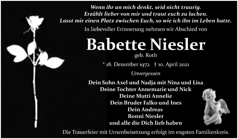  Traueranzeige für Babette Niesler vom 24.04.2021 aus Mitteldeutsche Zeitung Bitterfeld