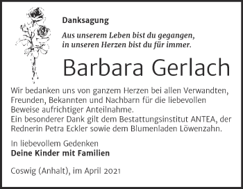 Traueranzeige von Barbara Gerlach von Mitteldeutsche Zeitung Wittenberg