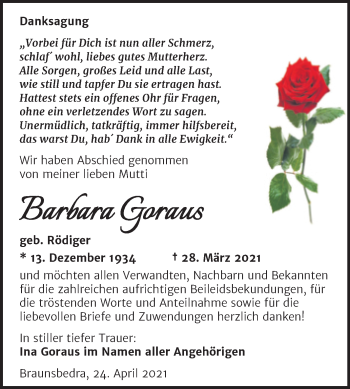 Traueranzeige von Barbara Goraus von Mitteldeutsche Zeitung Merseburg/Querfurt