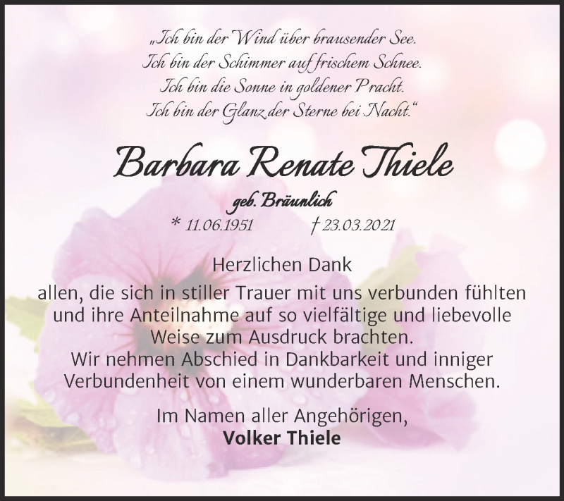  Traueranzeige für Barbara Renate Thiele vom 17.04.2021 aus Mitteldeutsche Zeitung Dessau-Roßlau