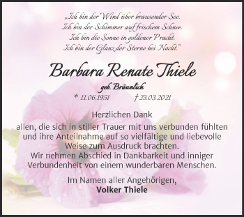 Traueranzeige von Barbara Renate Thiele von Mitteldeutsche Zeitung Dessau-Roßlau