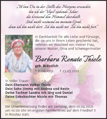 Traueranzeige von Barbara Renate Thiele von Mitteldeutsche Zeitung Dessau-Roßlau