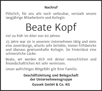 Traueranzeige von Beate Kopf von Super Sonntag Köthen