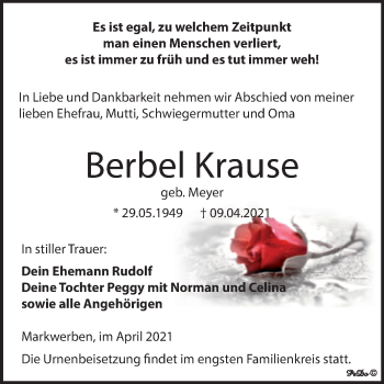 Traueranzeige von Berbel Krause von Mitteldeutsche Zeitung Weißenfels
