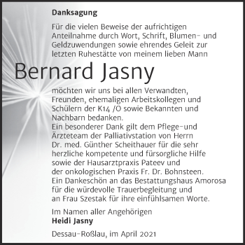 Traueranzeige von Bernard Jasny von Trauerkombi Dessau