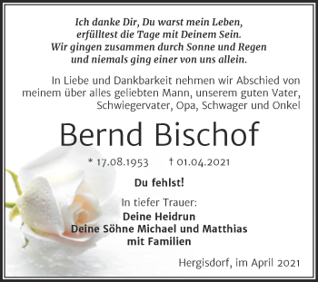 Traueranzeige von Bernd Bischof von Mitteldeutsche Zeitung Mansfelder Land