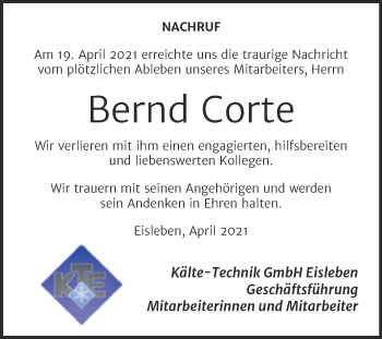 Traueranzeige von Bernd Corte von Mitteldeutsche Zeitung Mansfelder Land
