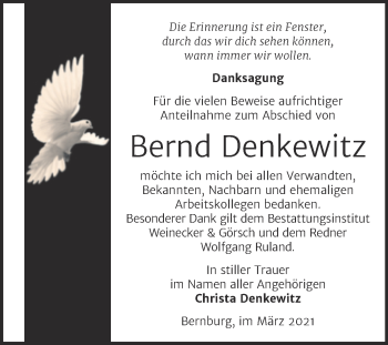 Traueranzeige von Bernd Denkewitz von Mitteldeutsche Zeitung Bernburg