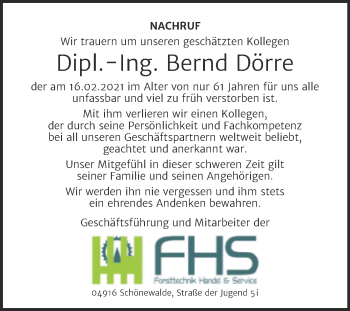Traueranzeige von Bernd Dörre von Super Sonntag Wittenberg
