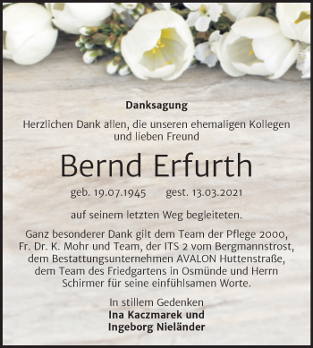 Traueranzeige von Bernd Erfurth von Mitteldeutsche Zeitung Halle/Saalkreis