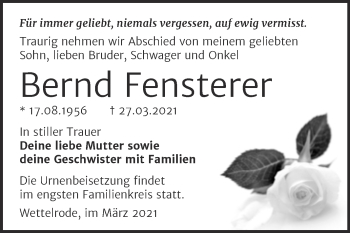 Traueranzeige von Bernd Fensterer von Mitteldeutsche Zeitung Sangerhausen