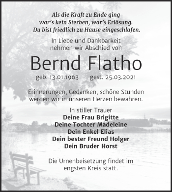 Traueranzeige von Bernd Flatho von Super Sonntag Wittenberg