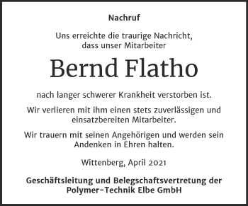 Traueranzeige von Bernd Flatho von Super Sonntag Wittenberg