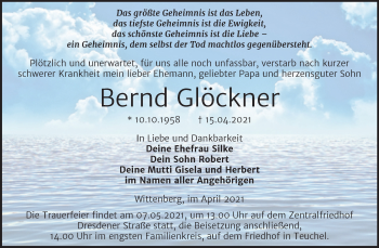 Traueranzeige von Bernd Glöckner von Mitteldeutsche Zeitung Wittenberg