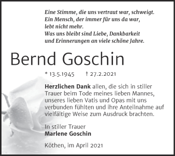 Traueranzeige von Bernd Goschin von Mitteldeutsche Zeitung Köthen