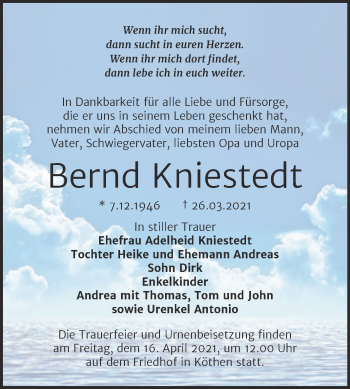 Traueranzeige von Bernd Kniestedt von Mitteldeutsche Zeitung Köthen