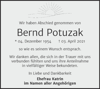 Traueranzeige von Bernd Potuzak von Trauerkombi Zeitz