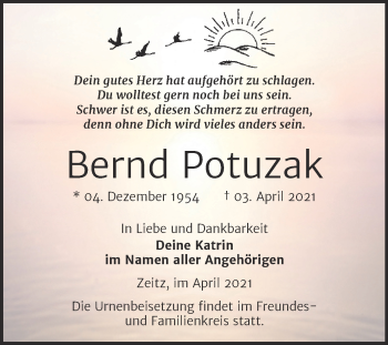 Traueranzeige von Bernd Potuzak von Mitteldeutsche Zeitung Zeitz
