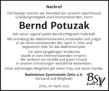 Traueranzeige von Bernd Potuzak von Mitteldeutsche Zeitung Zeitz