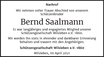 Traueranzeige von Bernd Saalmann von Mitteldeutsche Zeitung Aschersleben