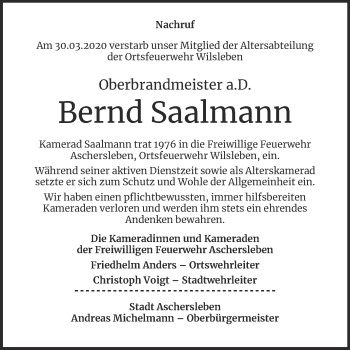 Traueranzeige von Bernd Saalmann von Wochenspiegel Aschersleben