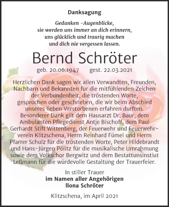 Traueranzeige von Bernd Schröter von Mitteldeutsche Zeitung Weißenfels