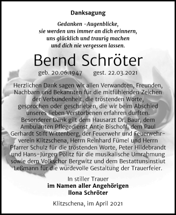 Traueranzeige von Bernd Schröter von Trauerkombi Wittenberg