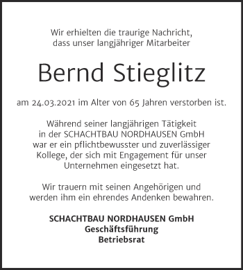 Traueranzeige von Bernd Stieglitz von Mitteldeutsche Zeitung Sangerhausen